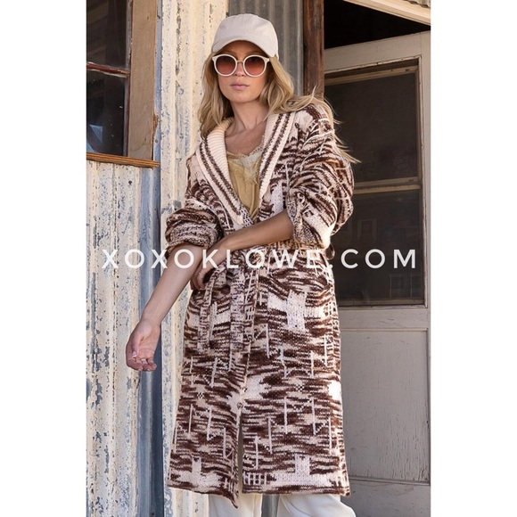 POL Beige + Brown Southwestern Patterned Mid Length Belted Cardigan - Picture 11 of 12